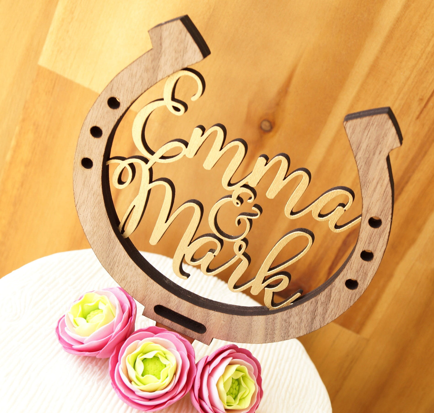 Rustic Wooden Horseshoe Wedding Cake Topper, Personalized Names