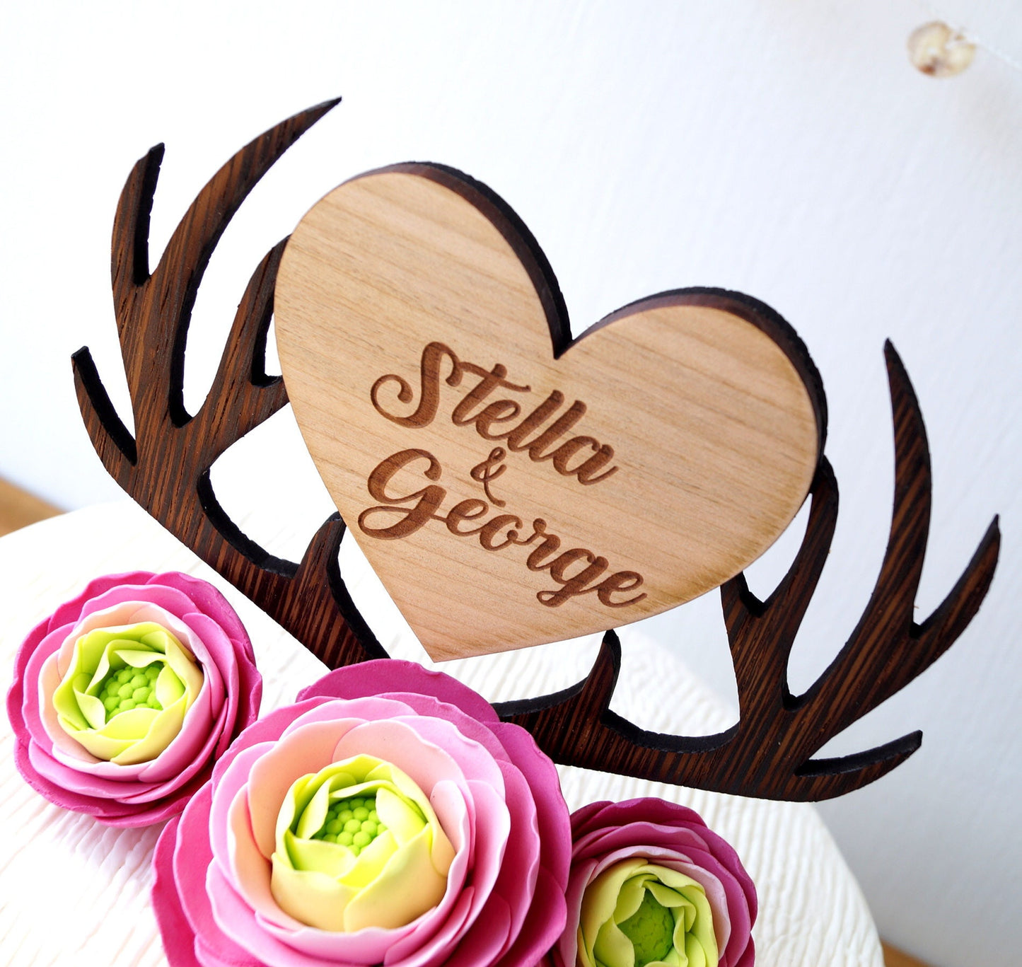 Personalized Wooden Cake Topper, Deer Antlers Heart, Rustic Wedding