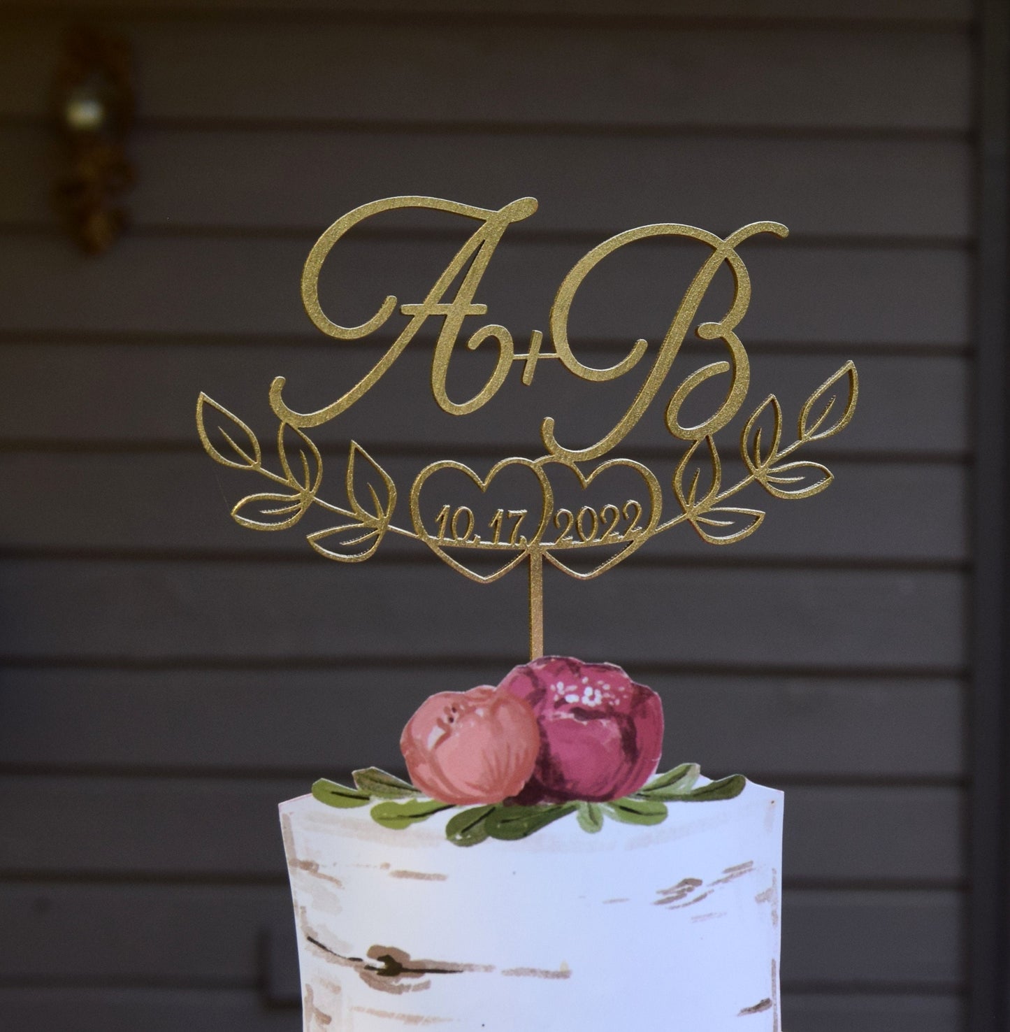 Monogram Wedding Cake Topper: Initial Letters, Half Leaf, Rustic Decor