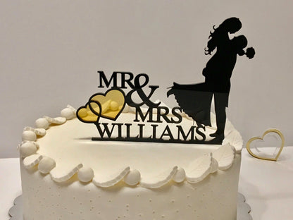 Custom Wedding  Mr and Mrs Cake Topper with Hearts - Personalized Bride and Groom Silhouettes