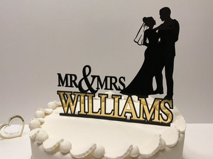Personalized Mr and Mrs Wedding Cake Topper - Bride and Groom Silhouettes