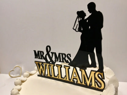 Personalized Mr and Mrs Wedding Cake Topper - Bride and Groom Silhouettes