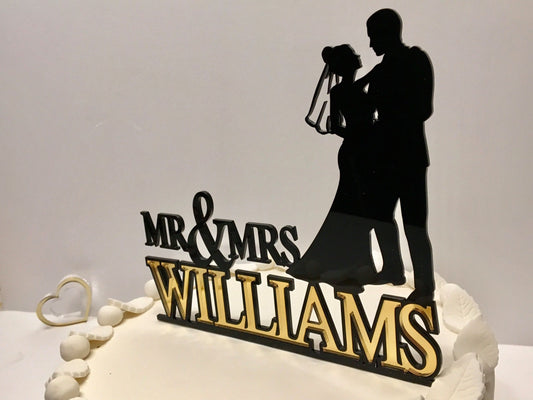 Personalized Mr and Mrs Wedding Cake Topper - Bride and Groom Silhouettes