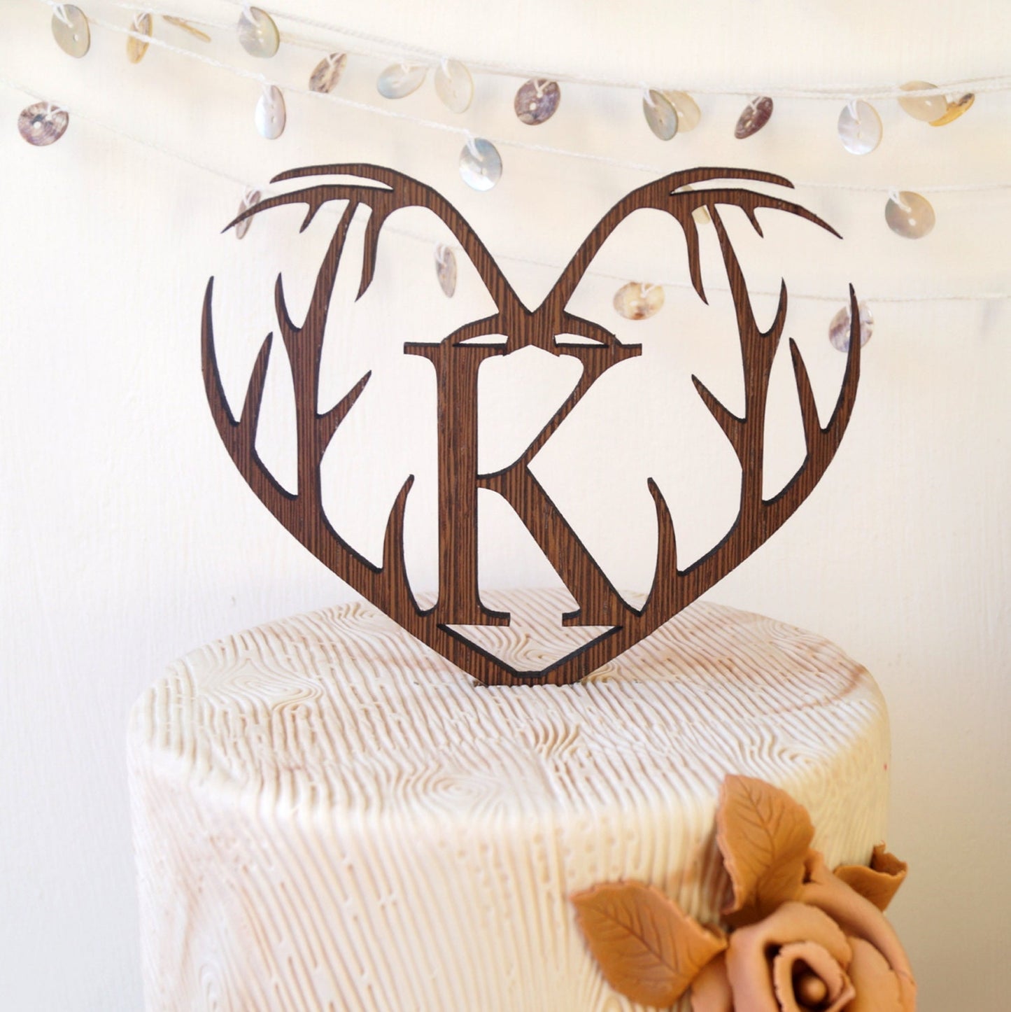 Rustic Wooden Antlers Heart Wedding Cake Topper, Single Monogram Letter