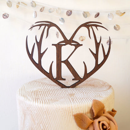 Rustic Wooden Antlers Heart Wedding Cake Topper, Single Monogram Letter