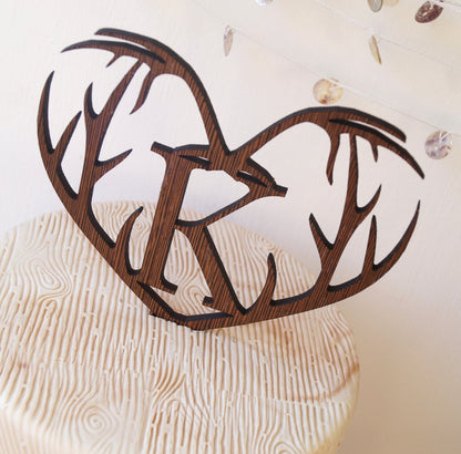 Rustic Wooden Antlers Heart Wedding Cake Topper, Single Monogram Letter
