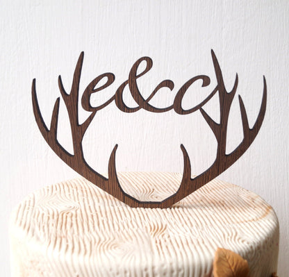 Personalized antlers cake topper, wedding cake topper, deer antlers topper, rustic wooden cake topper, initials woodland wedding decoration