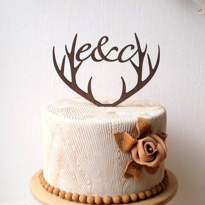 Personalized antlers cake topper, wedding cake topper, deer antlers topper, rustic wooden cake topper, initials woodland wedding decoration