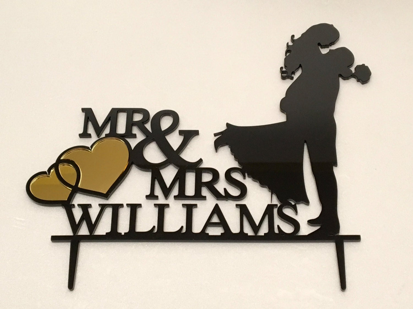Custom Wedding  Mr and Mrs Cake Topper with Hearts - Personalized Bride and Groom Silhouettes