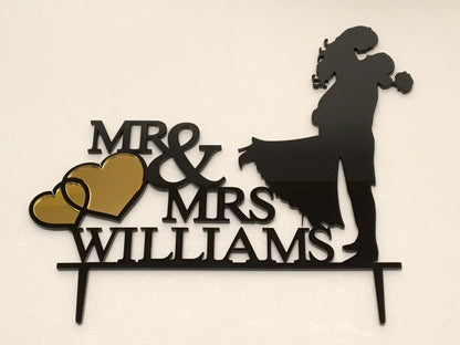 Custom Wedding  Mr and Mrs Cake Topper with Hearts - Personalized Bride and Groom Silhouettes