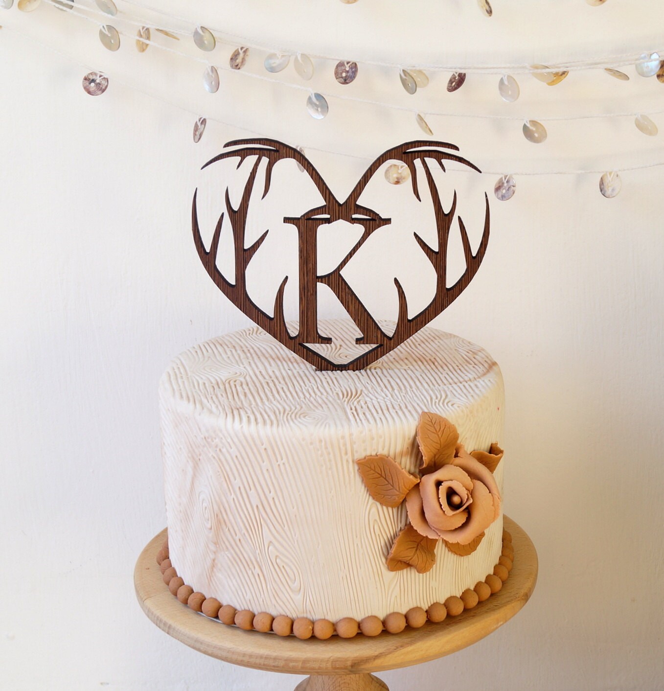 Rustic Wooden Antlers Heart Wedding Cake Topper, Single Monogram Letter