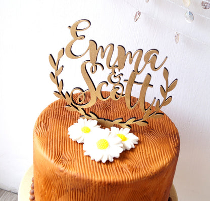 Personalized wedding cake topper, rustic wedding cake topper, wooden cake topper, names cake topper, leaf border topper, your wood choice