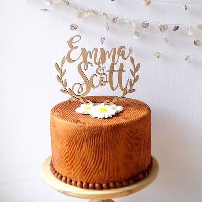 Personalized wedding cake topper, rustic wedding cake topper, wooden cake topper, names cake topper, leaf border topper, your wood choice