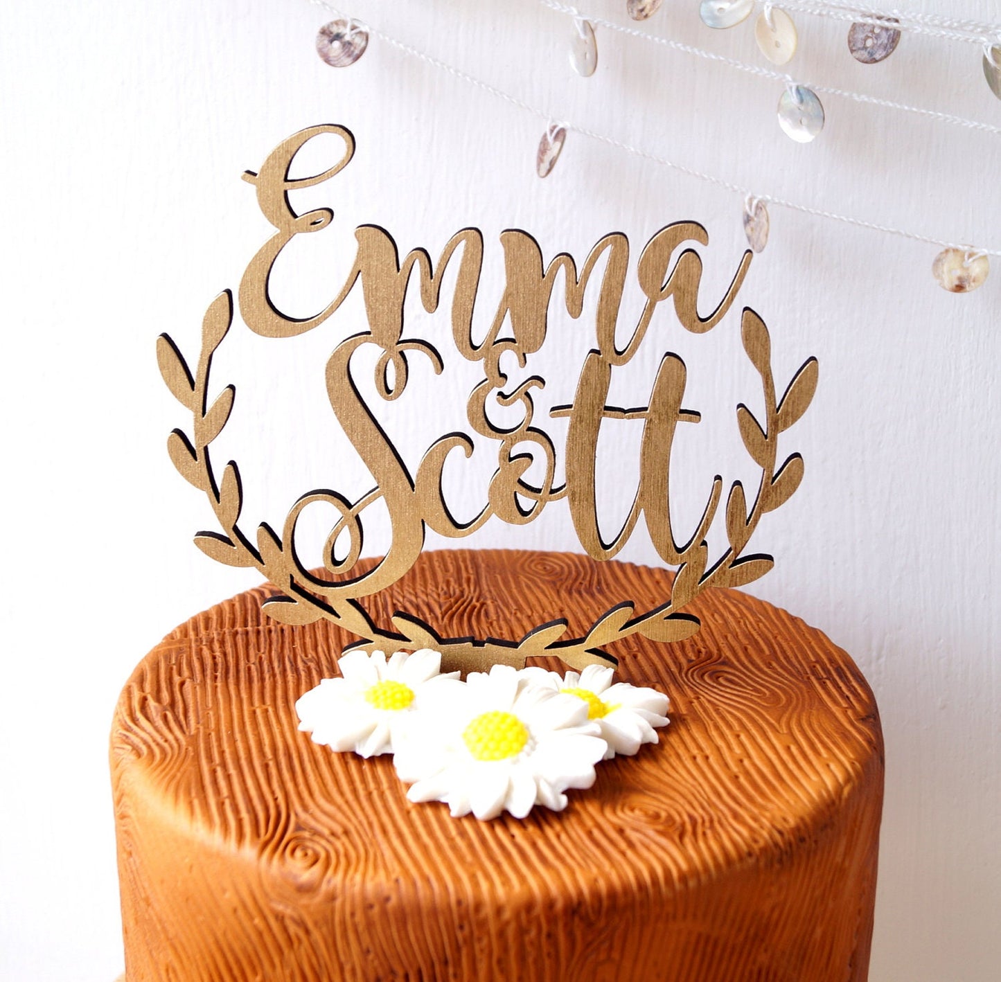 Personalized wedding cake topper, rustic wedding cake topper, wooden cake topper, names cake topper, leaf border topper, your wood choice