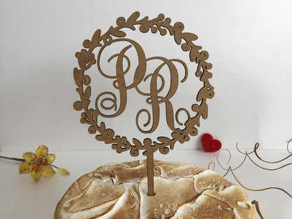 Personalized Wedding Cake Topper with Two Initials - Custom Wreath Monogram Decoration