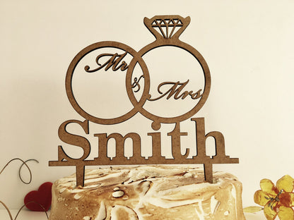 Personalized Wedding Name Cake Topper with Diamond Ring - Custom Mr and Mrs Engagement Decor
