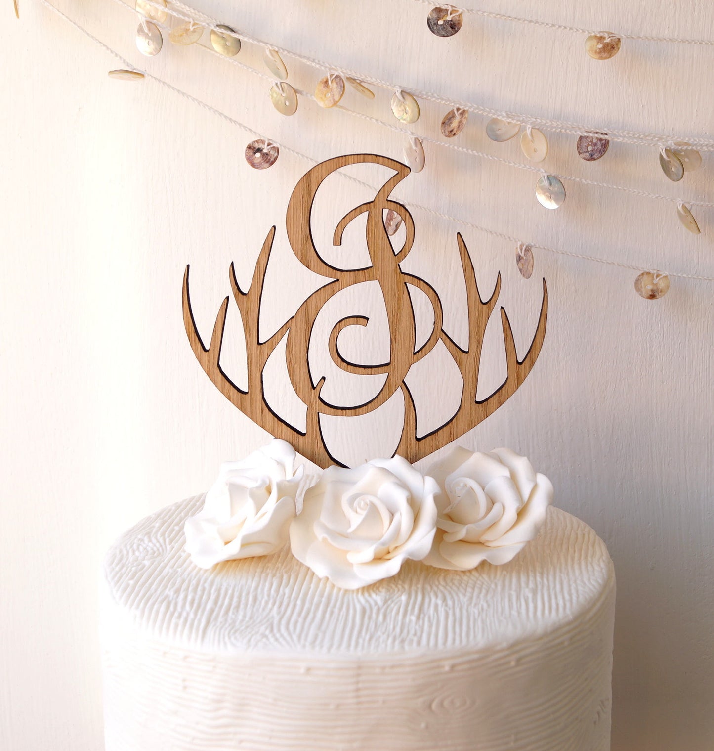 Rustic Wooden Heart Antler Cake Topper, Monogram Letter
