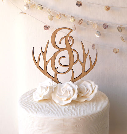 Rustic Wooden Heart Antler Cake Topper, Monogram Letter