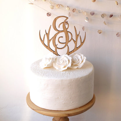 Rustic Wooden Heart Antler Cake Topper, Monogram Letter