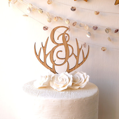 Rustic Wooden Heart Antler Cake Topper, Monogram Letter