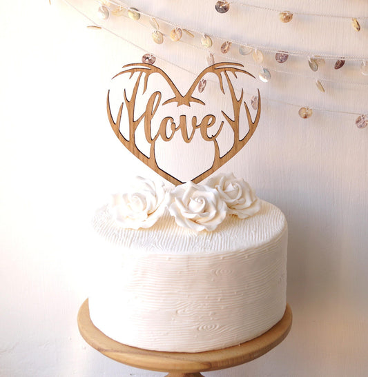 Rustic Wedding Cake Topper, Antlers Heart, Love Cake Decor