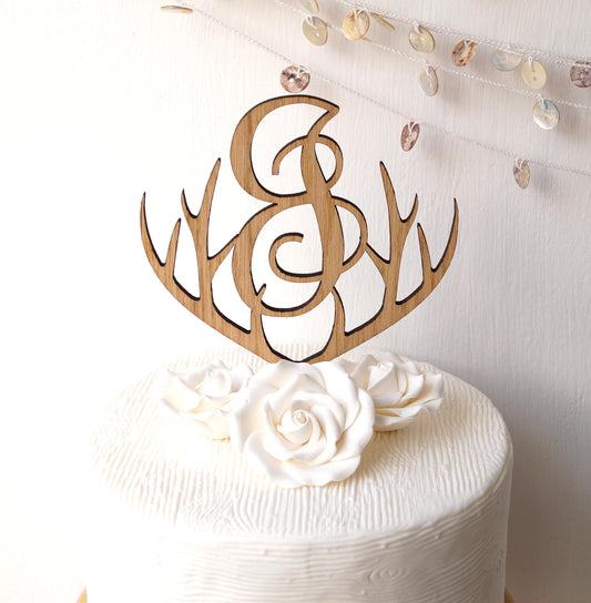 Rustic Wooden Heart Antler Cake Topper, Monogram Letter