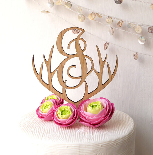 Rustic Wooden Antlers Monogram Wedding Cake Topper
