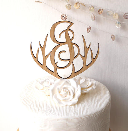 Rustic Wooden Antlers Monogram Wedding Cake Topper