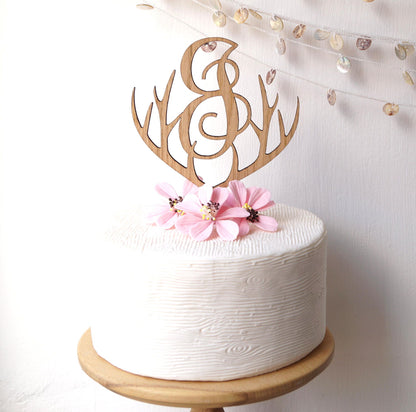 Wooden monogram cake topper, wedding cake topper, antlers rustic wooden cake topper, single monogram letter cake topper, cake decoration