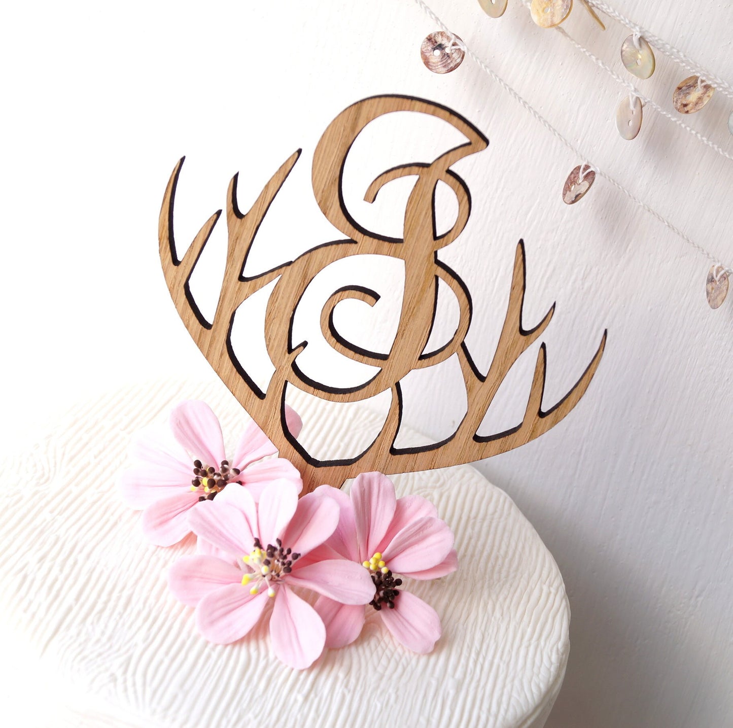 Wooden monogram cake topper, wedding cake topper, antlers rustic wooden cake topper, single monogram letter cake topper, cake decoration