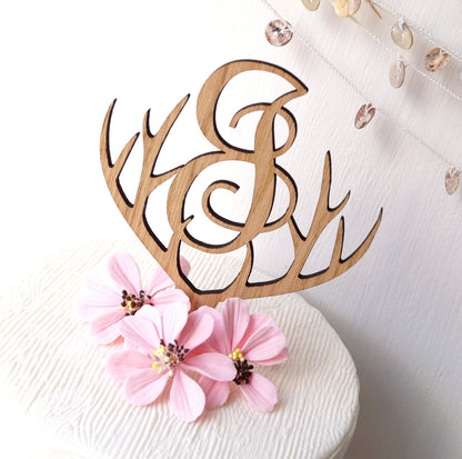 Wooden monogram cake topper, wedding cake topper, antlers rustic wooden cake topper, single monogram letter cake topper, cake decoration