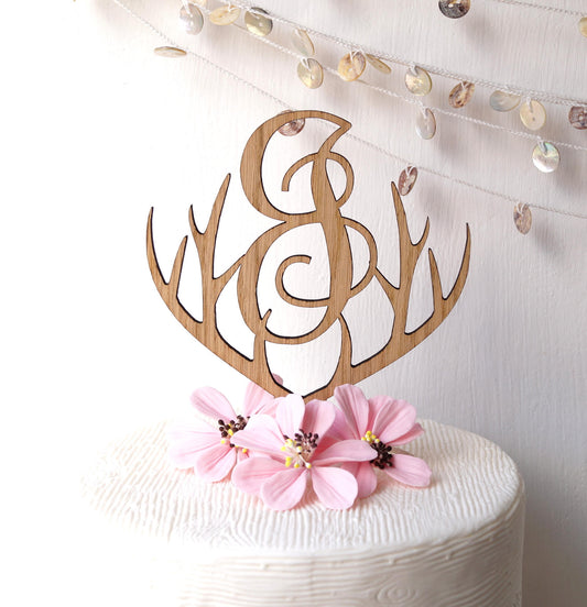 Wooden monogram cake topper, wedding cake topper, antlers rustic wooden cake topper, single monogram letter cake topper, cake decoration