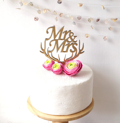 Rustic Wooden Mr and Mrs Cake Topper, Antlers Design