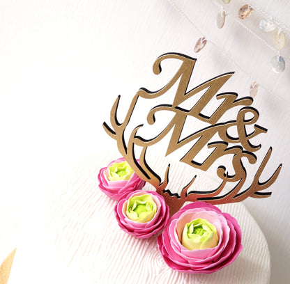 Rustic Wooden Mr and Mrs Cake Topper, Antlers Design