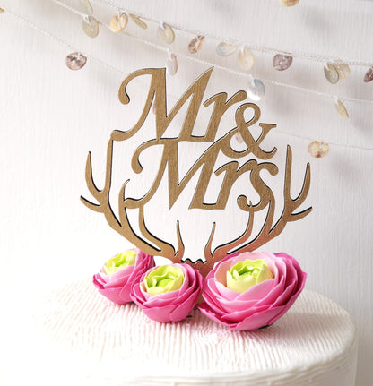 Rustic Wooden Mr and Mrs Cake Topper, Antlers Design
