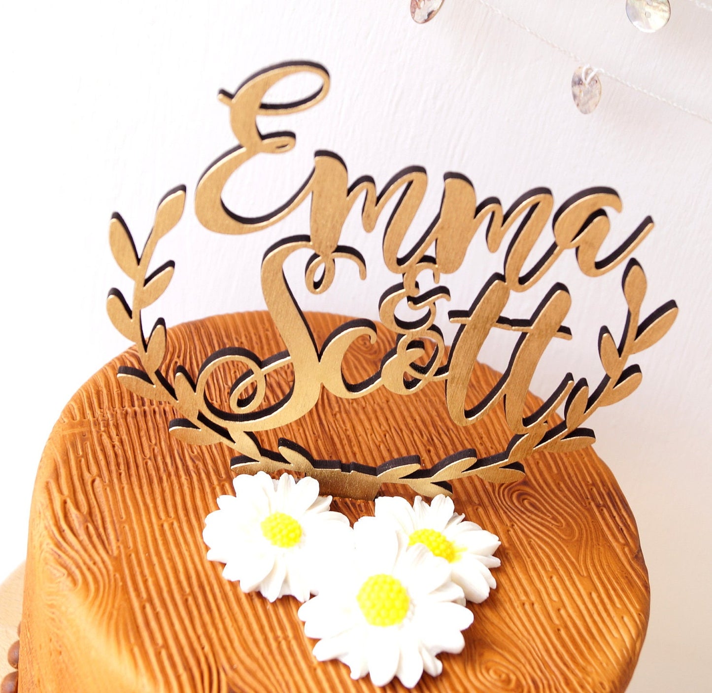 Personalized wedding cake topper, rustic wedding cake topper, wooden cake topper, names cake topper, leaf border topper, your wood choice