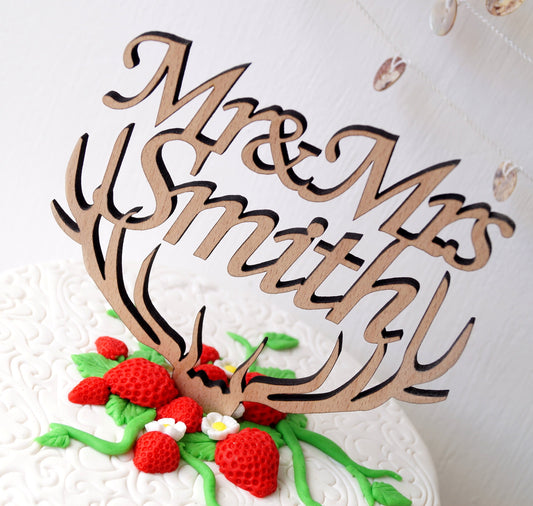 Personalized Mr & Mrs cake topper, wedding cake topper, rustic cake topper, custom cake topper, Mr and Mrs topper, antlers cake topper