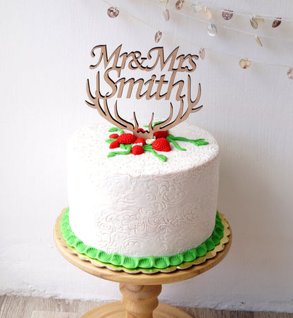 Personalized Mr & Mrs cake topper, wedding cake topper, rustic cake topper, custom cake topper, Mr and Mrs topper, antlers cake topper