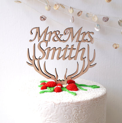 Personalized Mr & Mrs cake topper, wedding cake topper, rustic cake topper, custom cake topper, Mr and Mrs topper, antlers cake topper