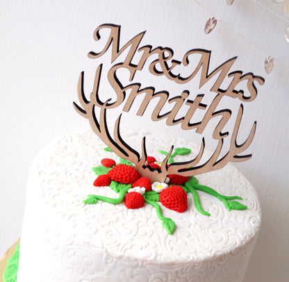 Personalized Mr & Mrs cake topper, wedding cake topper, rustic cake topper, custom cake topper, Mr and Mrs topper, antlers cake topper