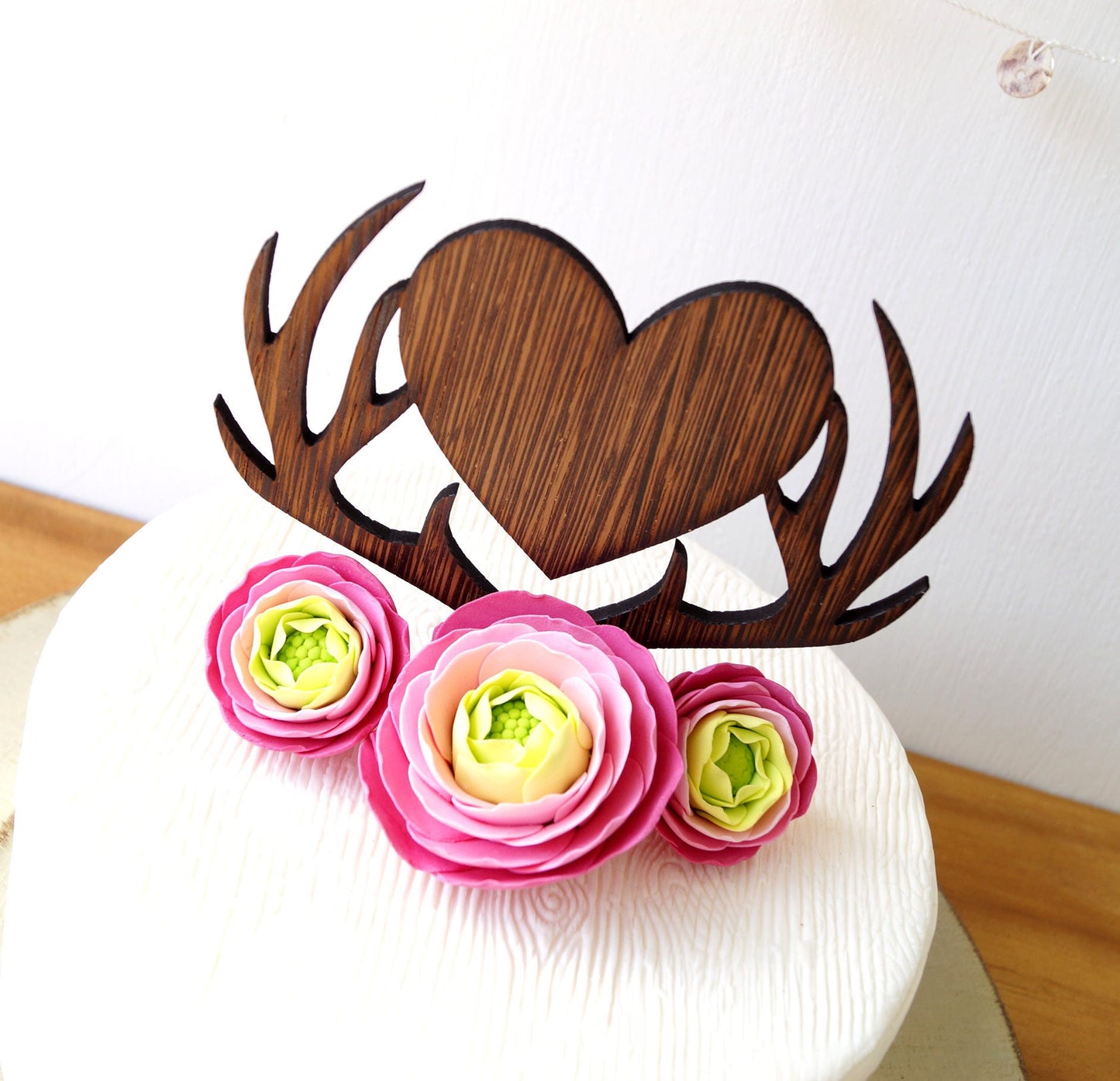 Rustic Wooden Deer Antlers Heart Wedding Cake Topper
