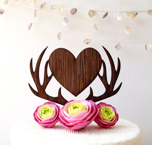 Rustic Wooden Deer Antlers Heart Wedding Cake Topper