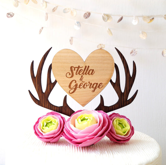 Personalized Wooden Cake Topper, Deer Antlers Heart, Rustic Wedding
