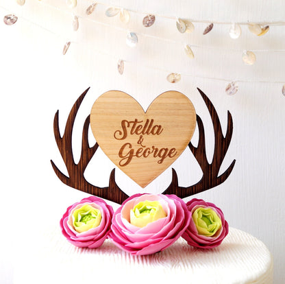 Personalized Wooden Cake Topper, Deer Antlers Heart, Rustic Wedding