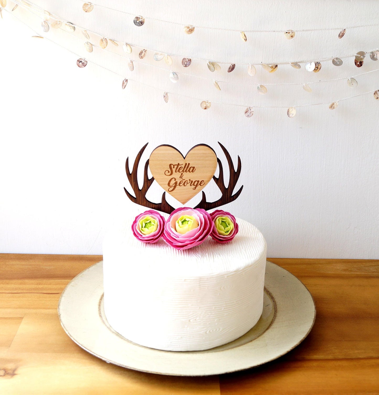 Personalized Wooden Cake Topper, Deer Antlers Heart, Rustic Wedding