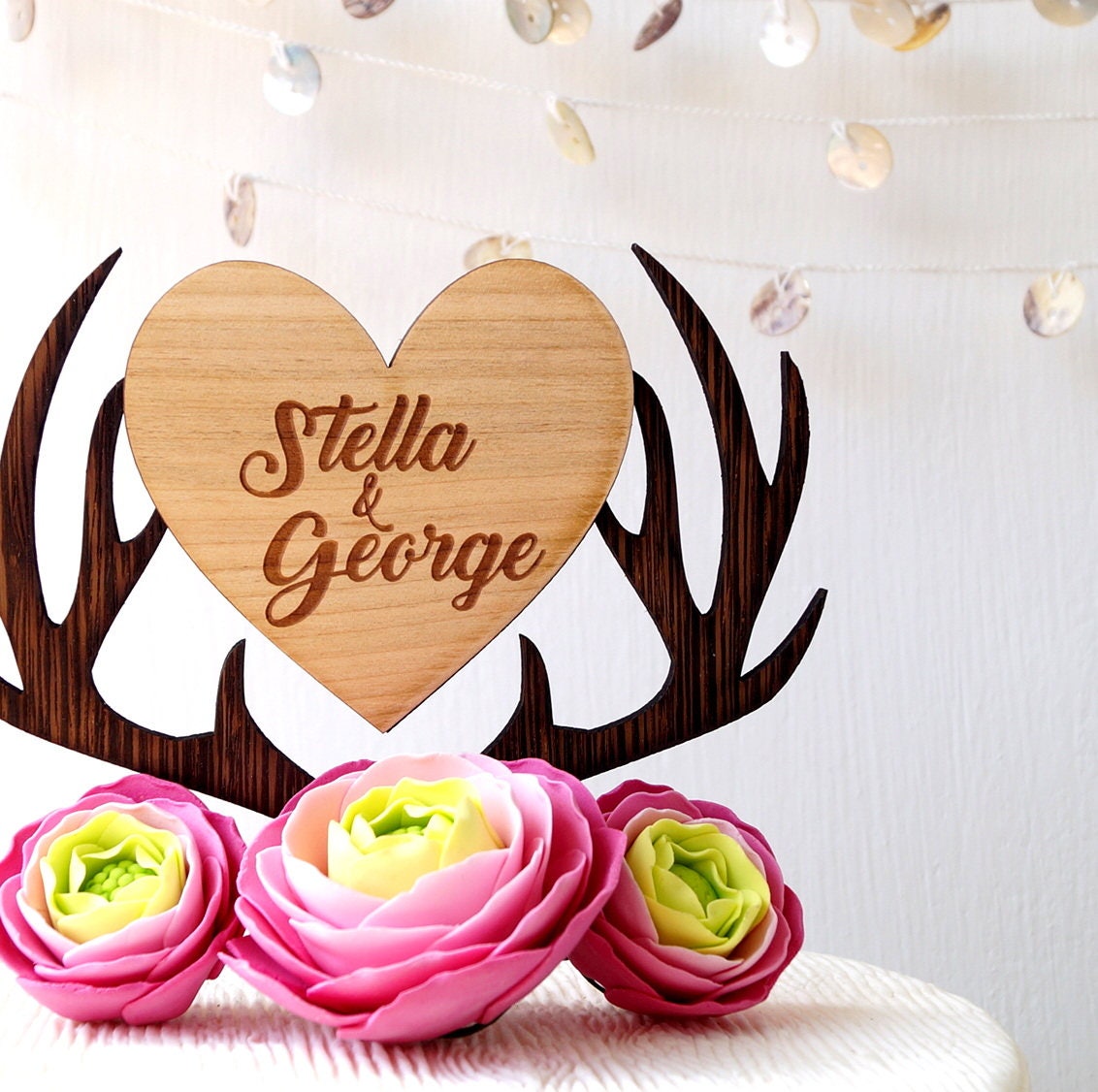 Personalized Wooden Cake Topper, Deer Antlers Heart, Rustic Wedding