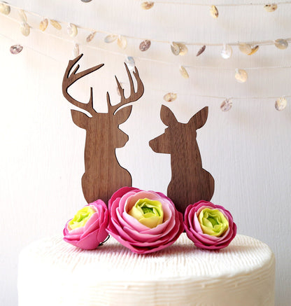 Rustic Wood Buck and Doe Wedding Cake Topper, Deer Silhouette