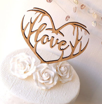 Rustic Wedding Cake Topper, Antlers Heart, Love Cake Decor
