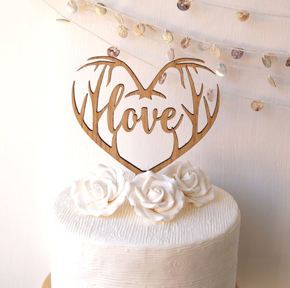 Rustic Wedding Cake Topper, Antlers Heart, Love Cake Decor
