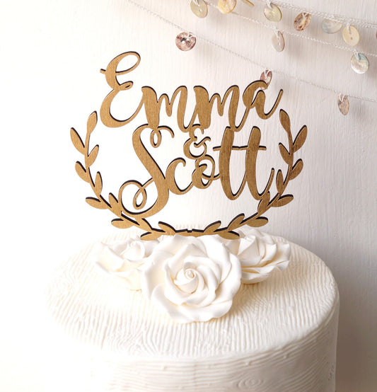 Wedding cake topper, personalized cake topper, rustic wooden cake topper, names cake topper, leaf border topper, your choice of wood